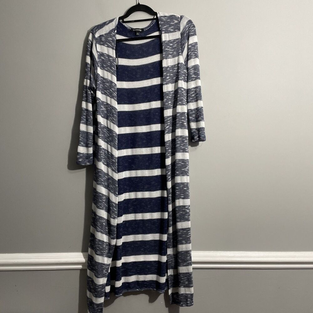 Ups & Down Women’s Duster Large Blue White Striped Long Cardigan Coastal Chic